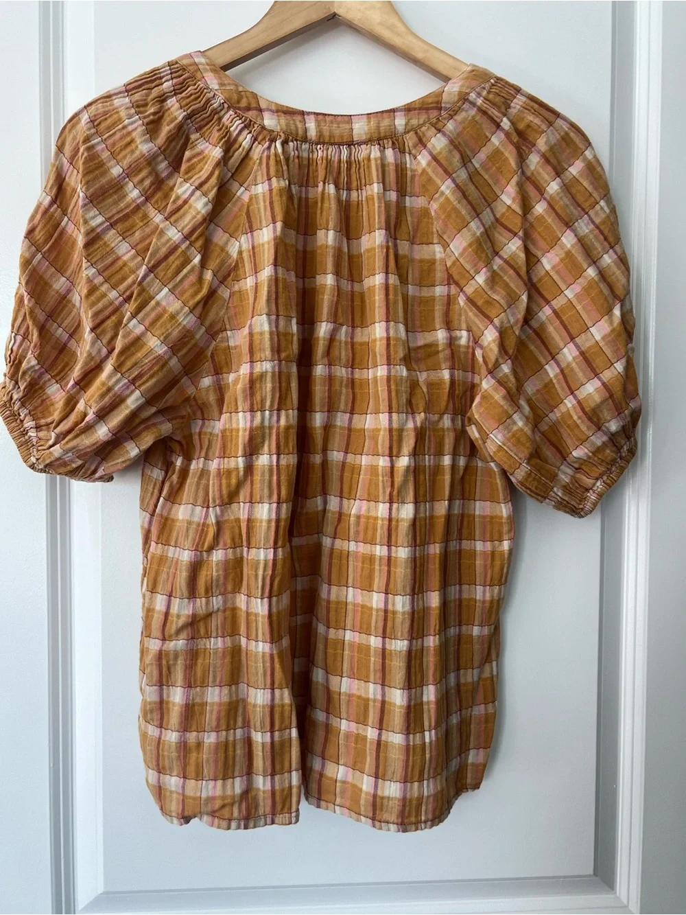 [LOFT] Boho Plaid Puff-Sleeve Peasant Top - Mustard